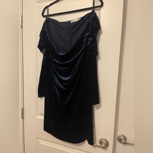 Navy Velvet Off the Shoulder 3/4 Sleeve Mid Length Dress